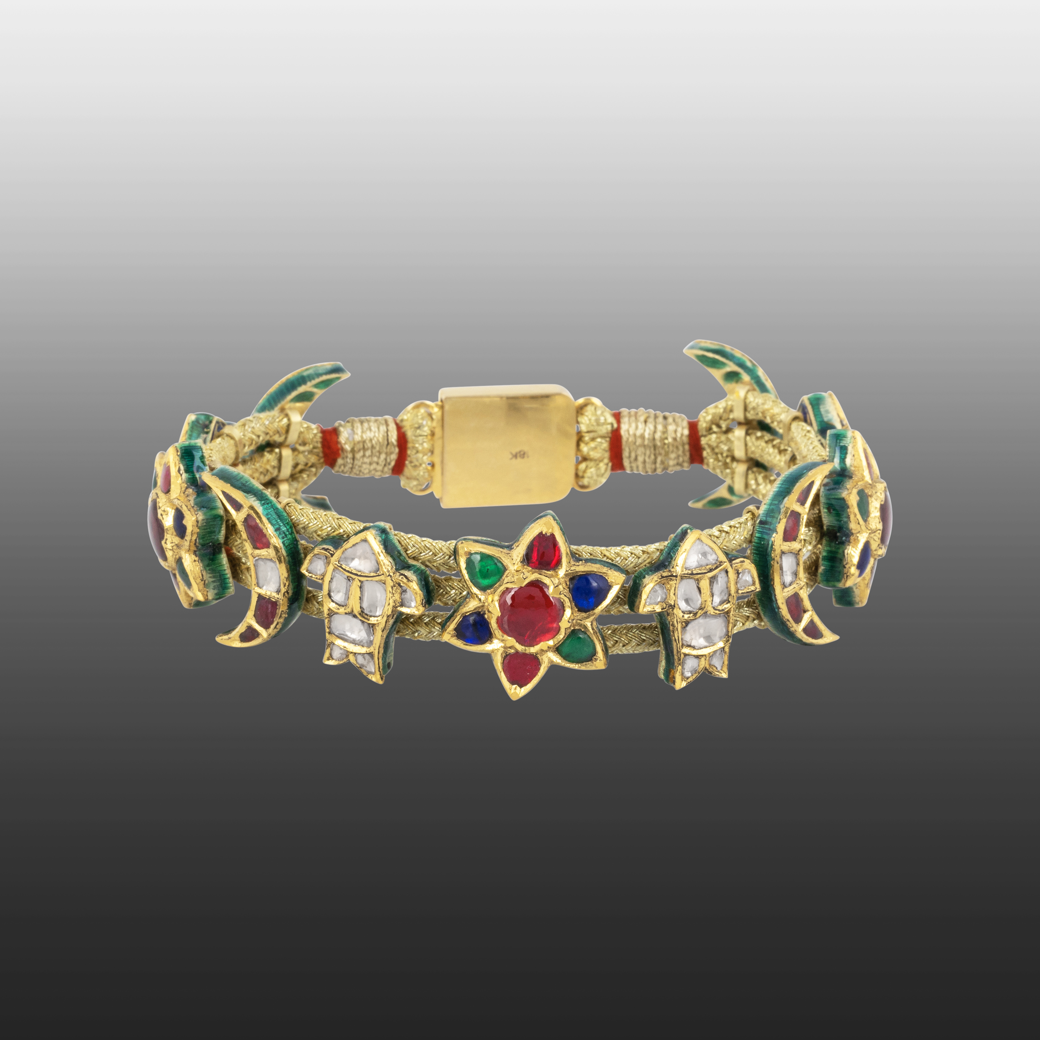 Floral & Crescent Motif Bracelet with Coloured Gemstones and Polki